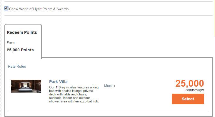 World of Hyatt redemption interface showing a Park Villa for 25,000 points per night.