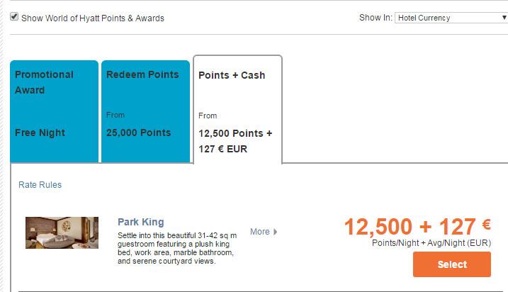 Screenshot of a World of Hyatt booking interface showing points, free night, and points plus cash redemption options for a hotel room.
