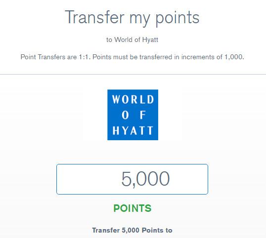 Online form for transferring 5,000 points to World of Hyatt.