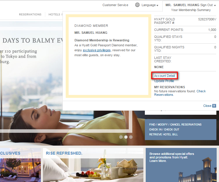 Screenshot of a Hyatt Gold Passport Diamond Member account, with "Account Detail" highlighted.