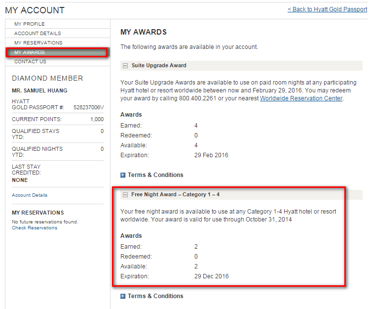 Hyatt Gold Passport account showing available free night awards.