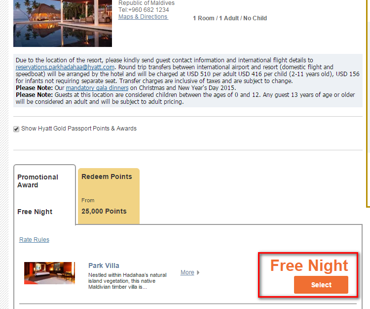 A resort booking page highlighting options for a "Free Night" award.