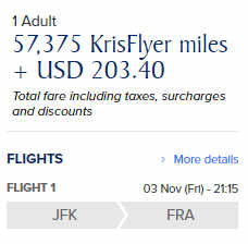 Booking summary showing 57,375 KrisFlyer miles + USD 203.40 for a flight from JFK to FRA.