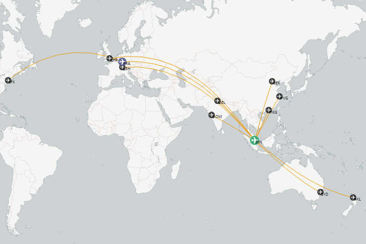 World map showing Singapore Airlines' global flight network from its hub in Singapore (SIN).