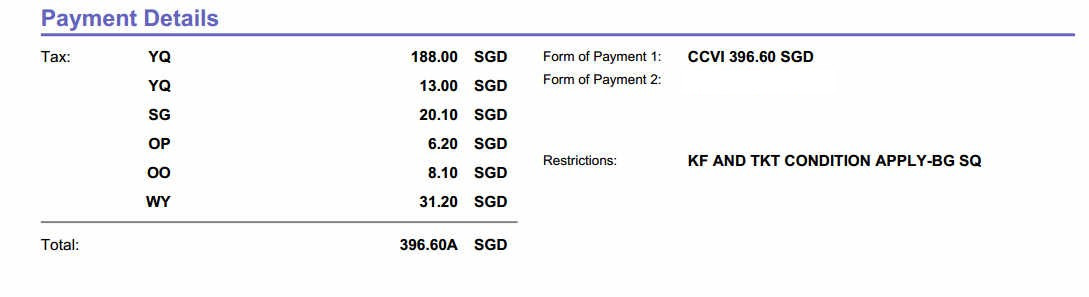 Payment details showing taxes and fees totaling 396.60 SGD for an airline award ticket.