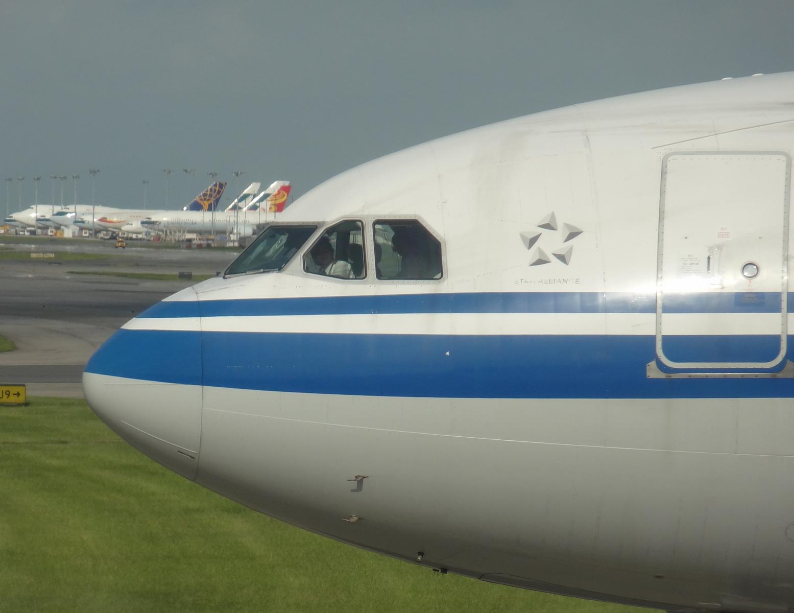 The cockpit and front fuselage of a white and blue Star Alliance airplane, with other planes parked in the background.