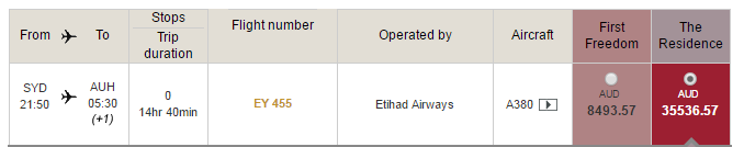 Flight booking table showing an Etihad A380 flight from Sydney to Abu Dhabi in The Residence for AUD 35,536.57.