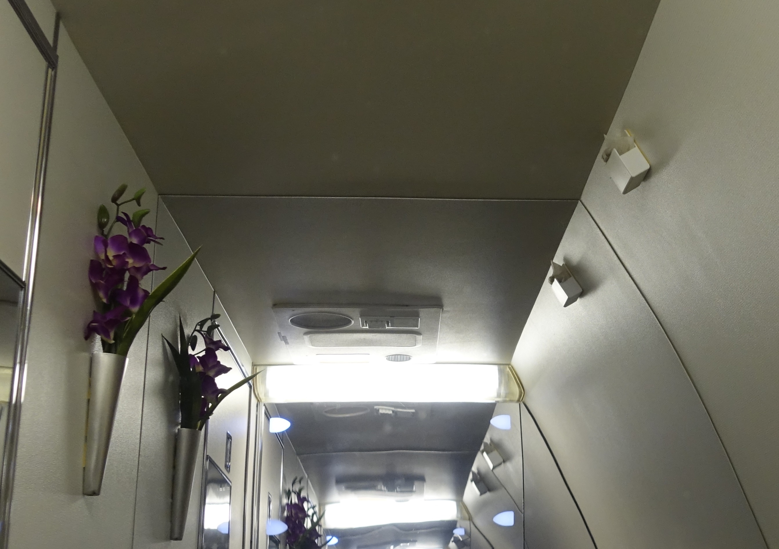 A brightly lit Eva Air business class lavatory features purple orchids in wall-mounted vases, reflected in a mirror.