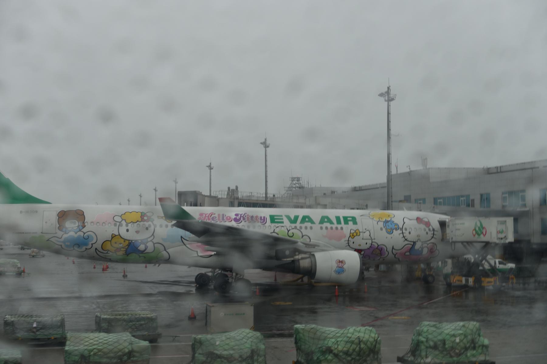 An Eva Air Hello Kitty plane is parked on a wet airport tarmac, viewed through a rain-streaked window.