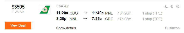 EVA Air Business Class flight search results showing a fare of $3595 from Paris to Manila via Taipei.