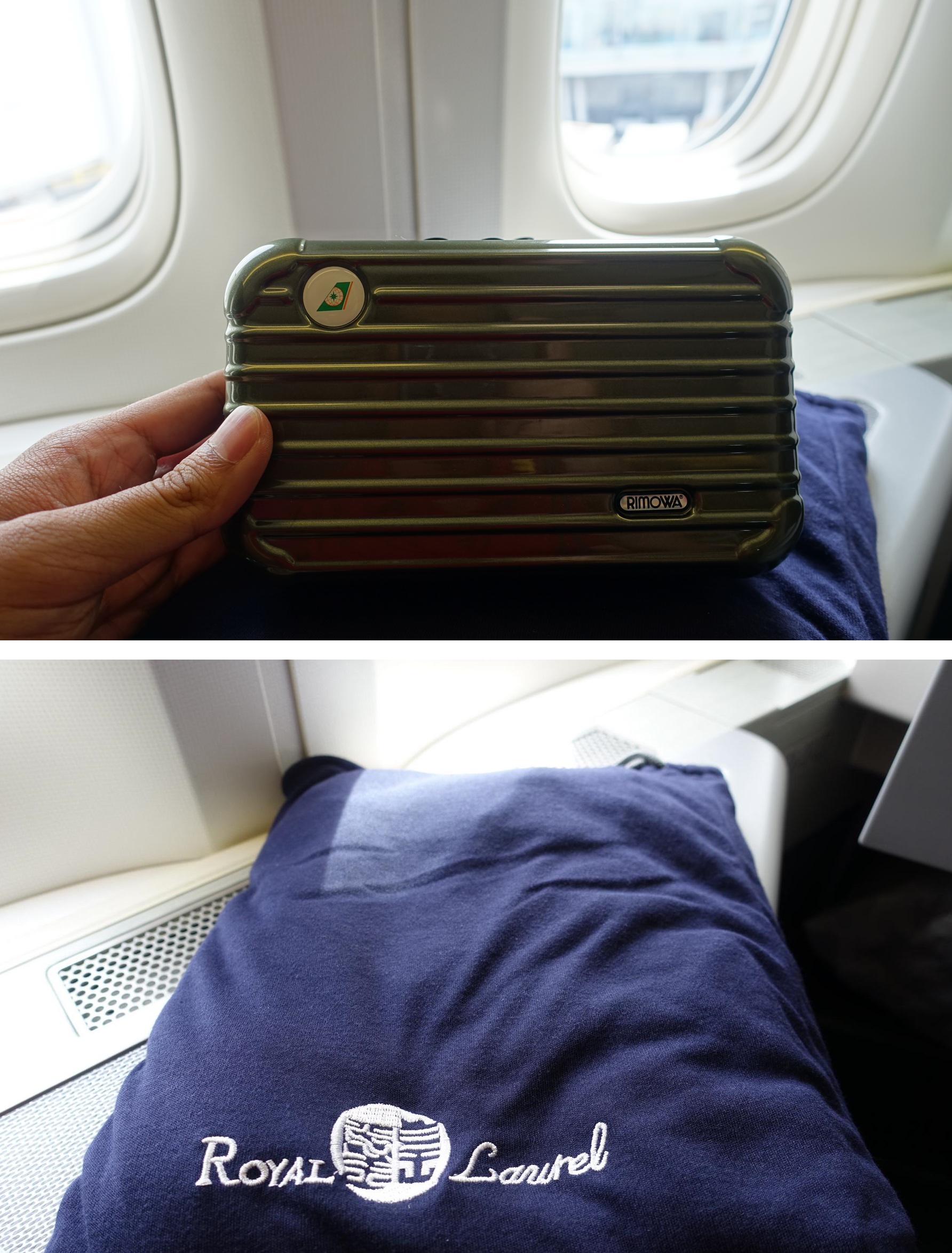 Eva Air Royal Laurel Business Class Rimowa amenity kit and embroidered pillow.