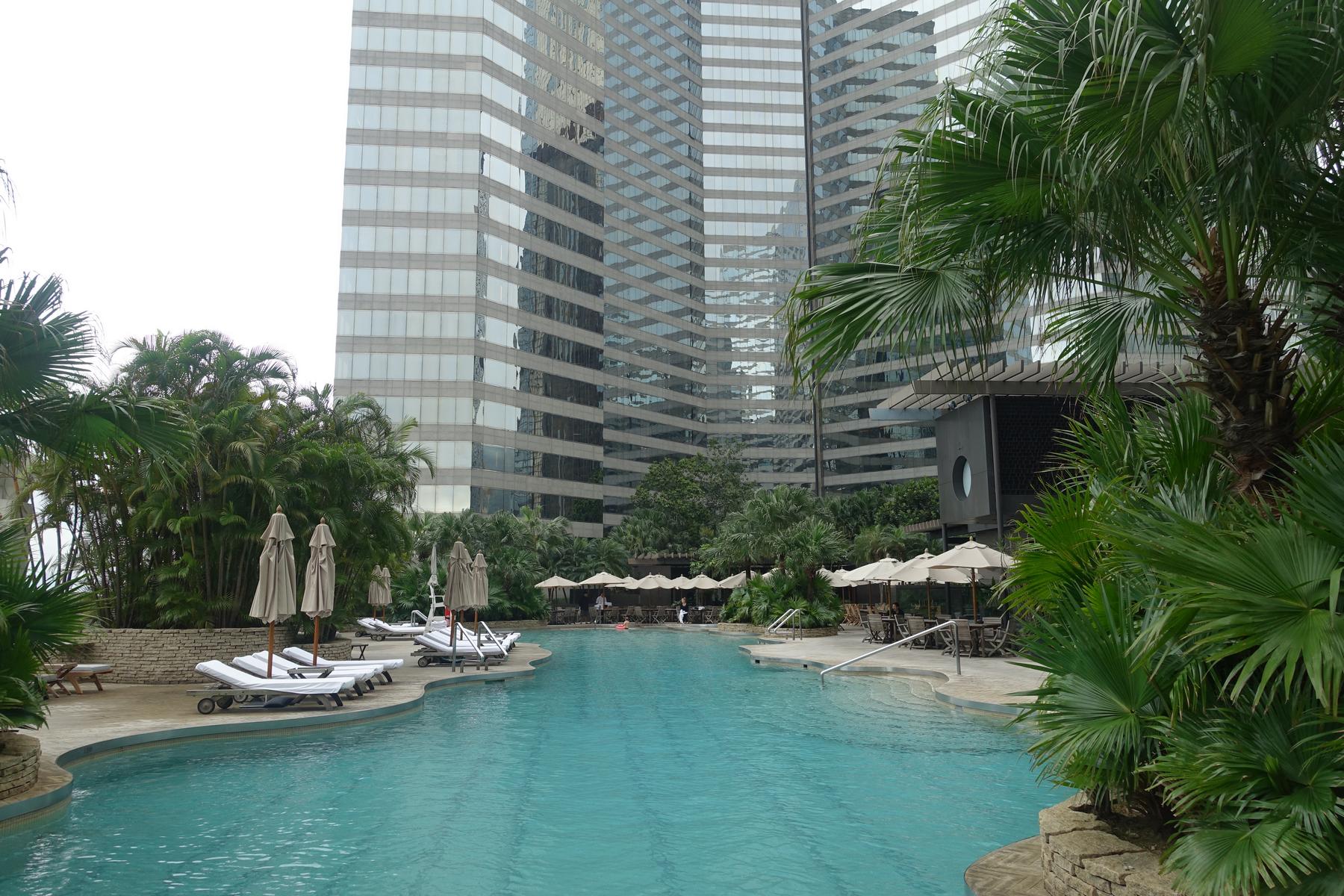 An outdoor swimming pool surrounded by palm trees and lounge chairs, with a tall modern building in the background.
