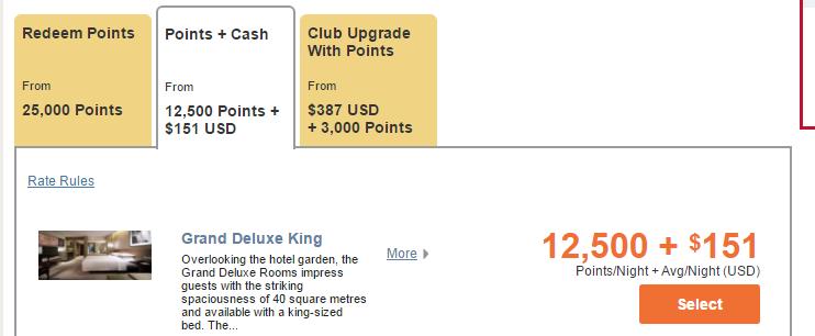 Hotel booking options showing points, cash, and upgrade rates for a Grand Deluxe King room at 12,500 points + $151 USD.