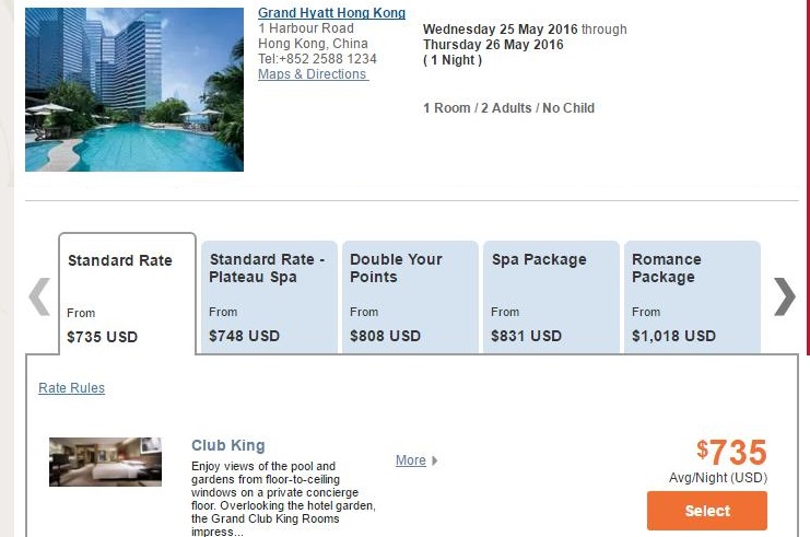 A hotel booking page for Grand Hyatt Hong Kong showing room rates and an image of the outdoor pool.