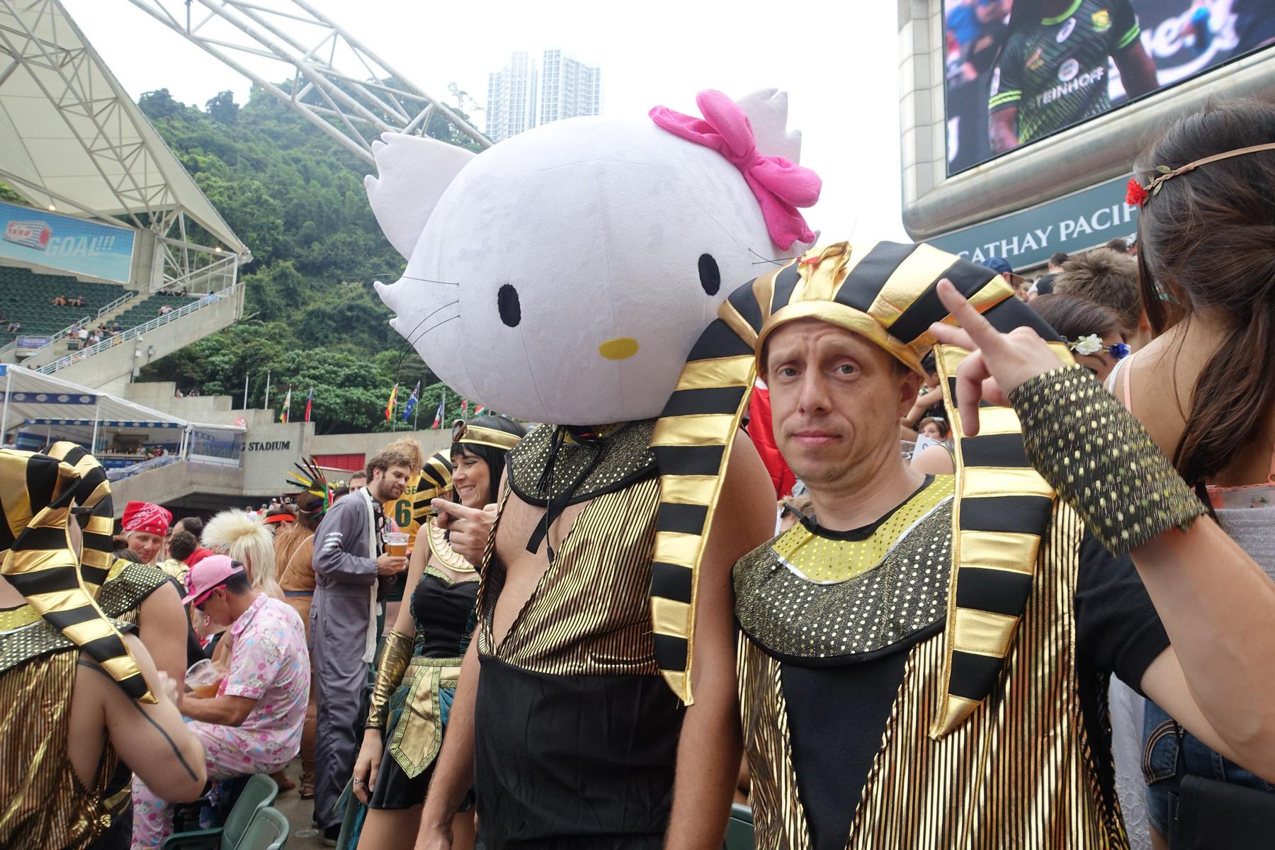 Fans in Egyptian and Hello Kitty costumes at the Hong Kong Rugby Sevens.