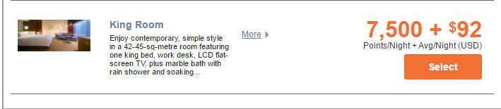 Hotel room listing for a King Room with a small image, description, price, and 'Select' button.