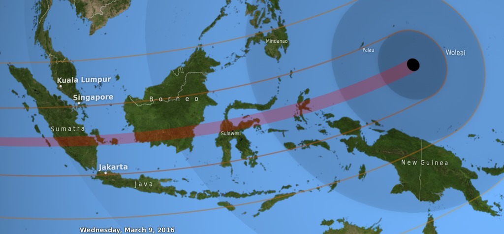 Map showing the path of the March 9, 2016 solar eclipse across Indonesia and the Pacific.