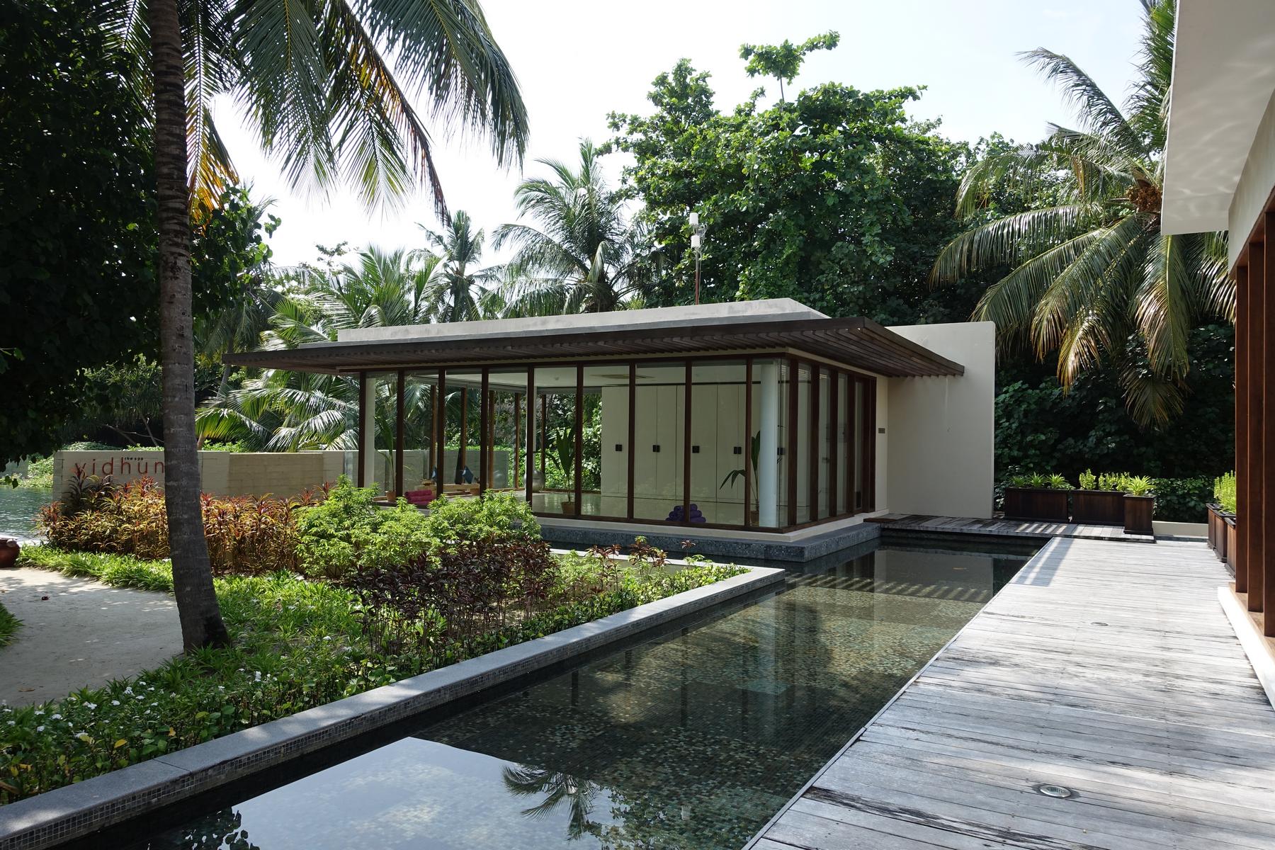 A modern glass yoga studio at the Park Hyatt Maldives is surrounded by tropical plants and a reflective pool.