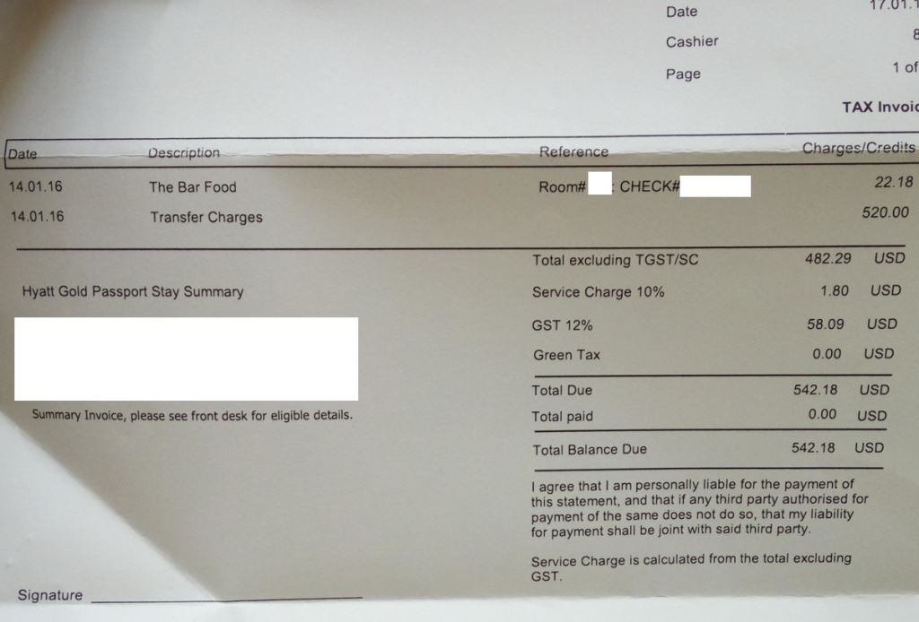 A Hyatt hotel invoice from the Maldives showing a $520 transfer charge.