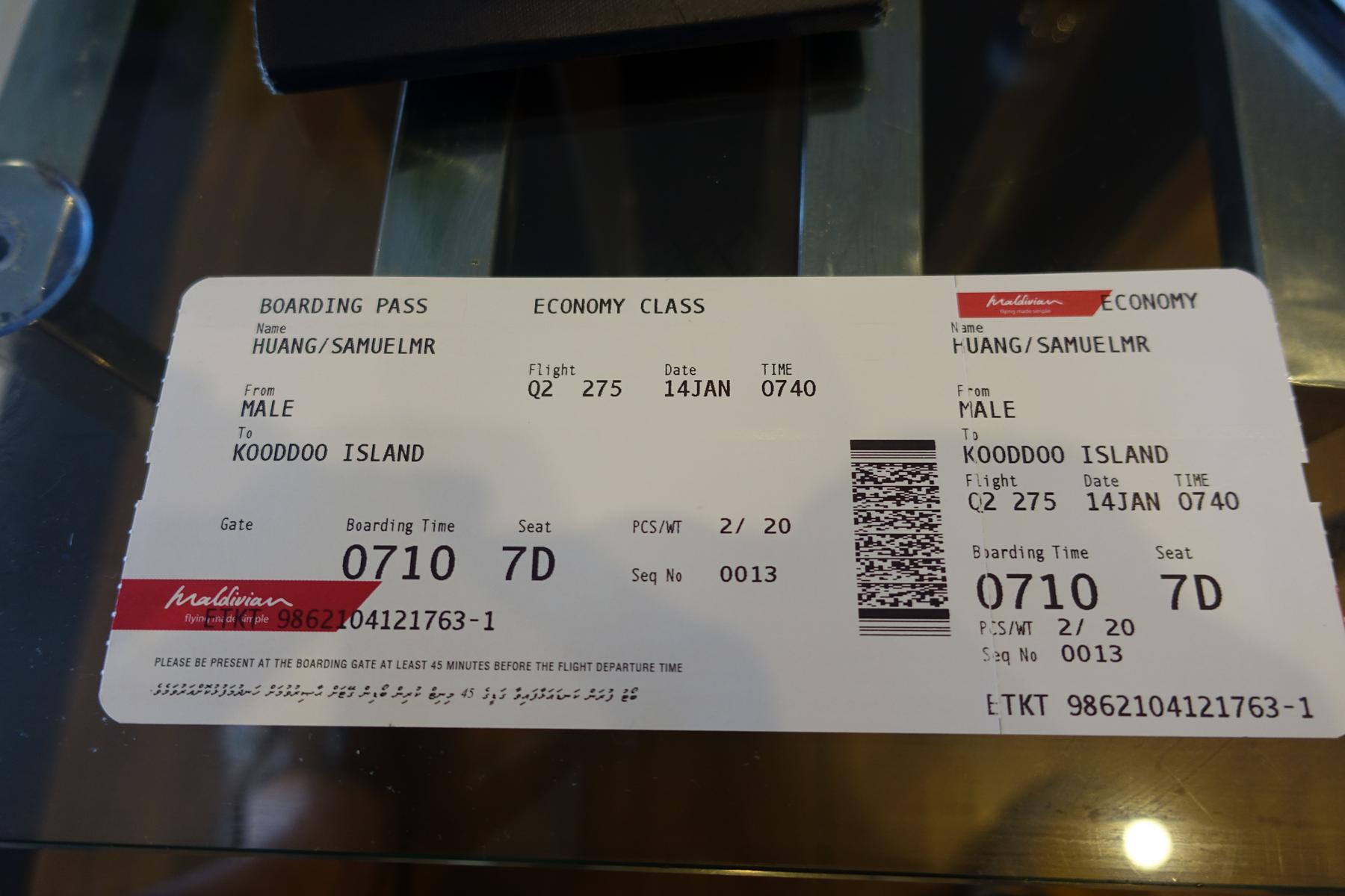 A Maldivian boarding pass for a flight from Male to Kooddoo Island.
