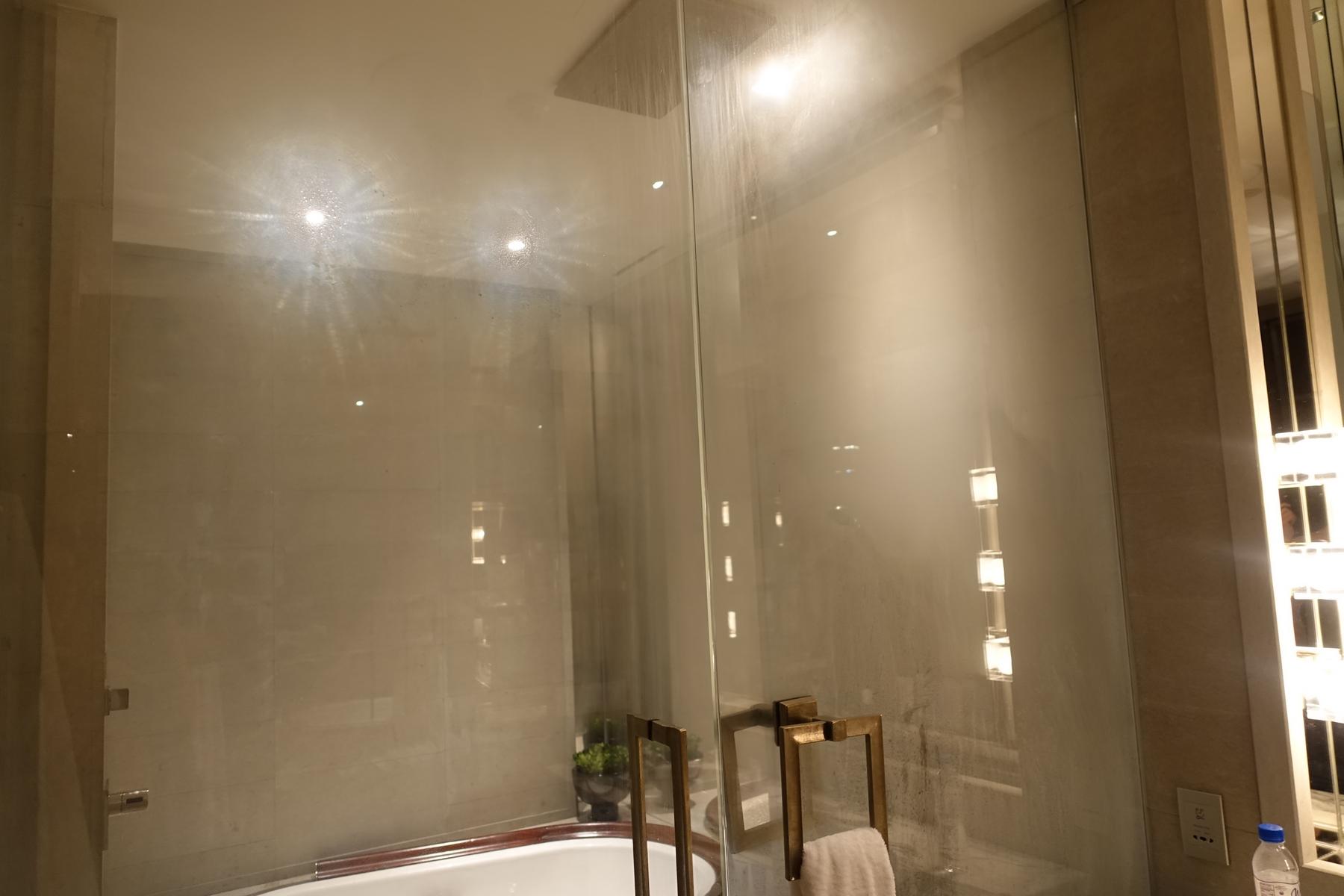 A modern hotel bathroom featuring a glass shower enclosure with water spots, a bathtub, and bronze-colored hardware.