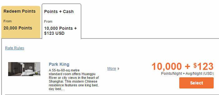 Screenshot of Park Hyatt Shanghai booking options showing rates for a Park King room using points or points plus cash.