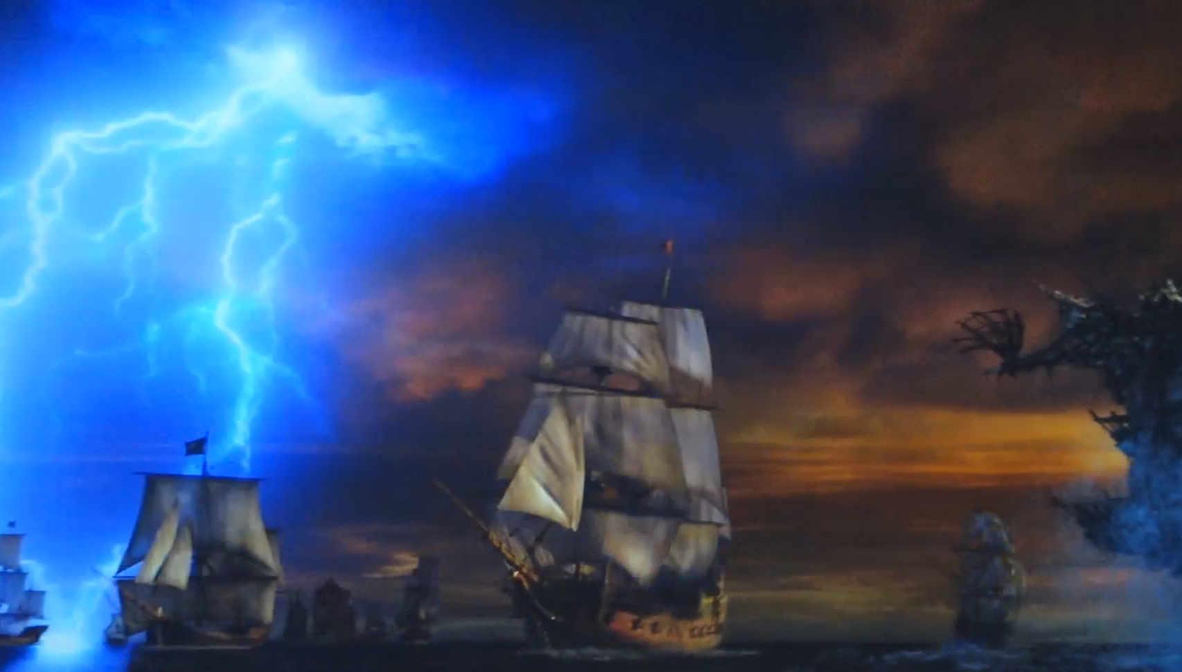 Pirate ships on a stormy sea illuminated by vivid blue lightning.