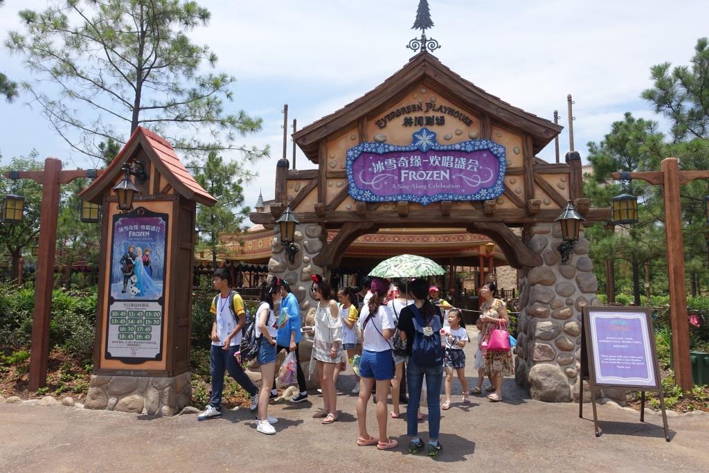 Guests gather at the entrance to the Frozen: A Sing-Along Celebration show at Shanghai Disneyland's Evergreen Playhouse.