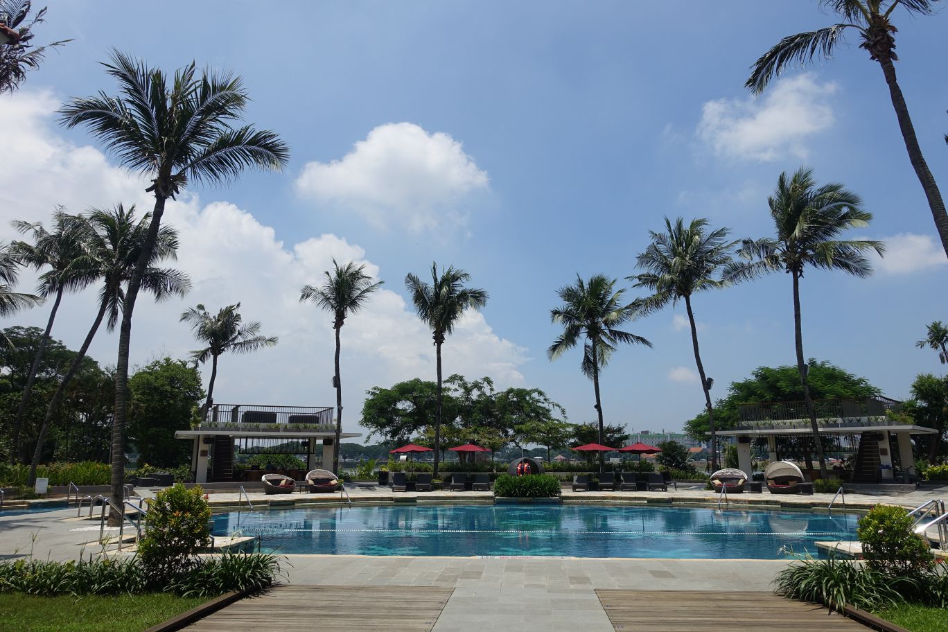 An outdoor swimming pool at the Sheraton Bandara, surrounded by palm trees and lounge chairs under a blue sky.