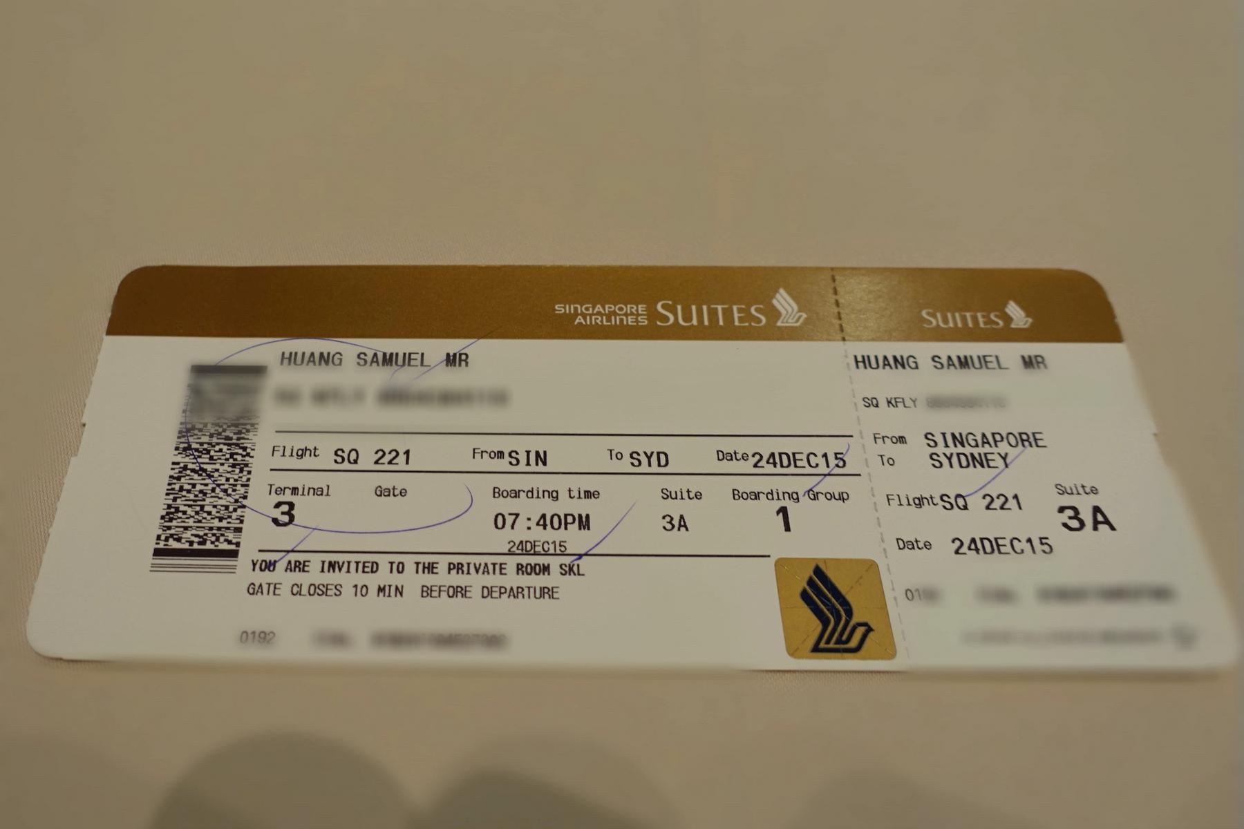 Singapore Airlines Suites boarding pass for Samuel Huang's flight to Sydney on December 24, 2015.