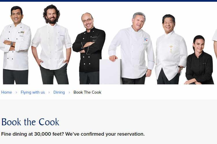 A diverse group of smiling chefs in white and black uniforms for Singapore Airlines' Book the Cook program.