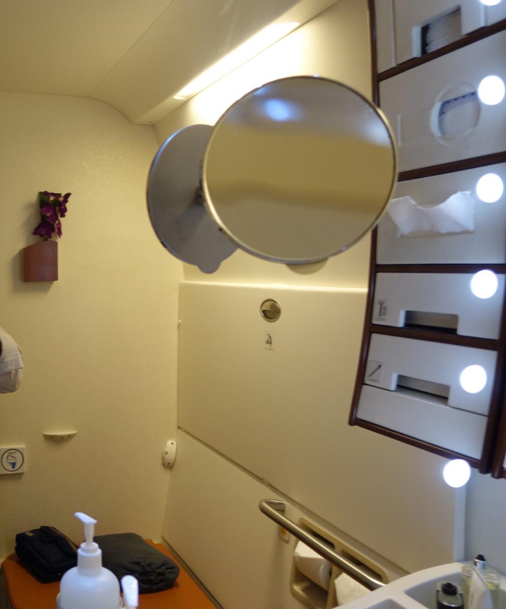 A luxurious airplane lavatory with vanity mirrors, floral decor, and toiletries.