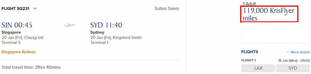 Screenshot of a Singapore Airlines flight itinerary showing a Suites Saver award redemption for 119,000 KrisFlyer miles.