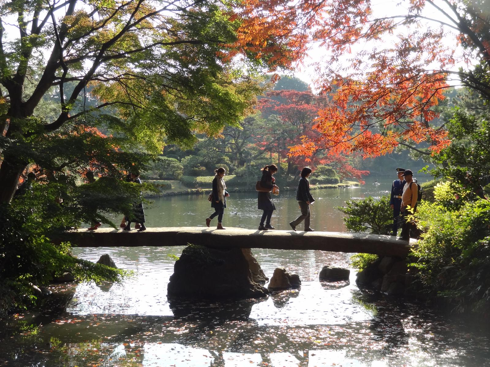 People walk across a stone bridge over a pond in a vibrant Tokyo garden during autumn.