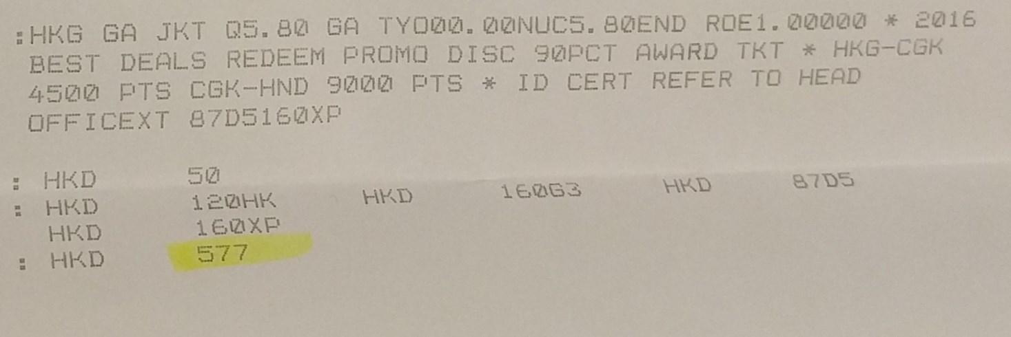 A flight summary document with "577 HKD" highlighted, indicating the low cost of the flight.