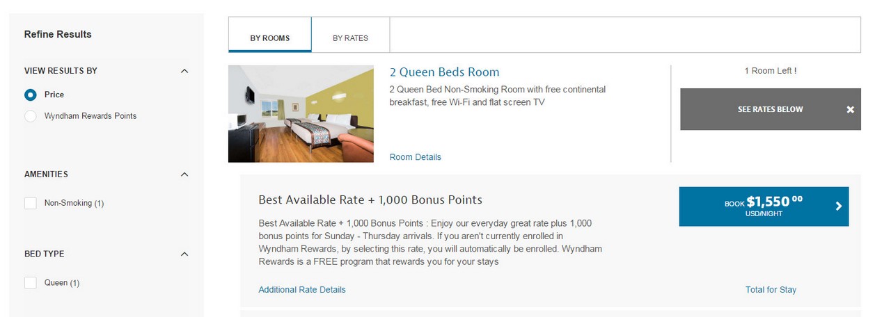 Hotel booking interface displaying a "2 Queen Beds Room" for $1,550.00 USD per night.