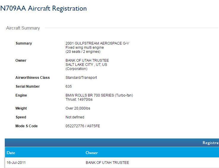 Aircraft registration document detailing a Gulfstream G-V private jet.