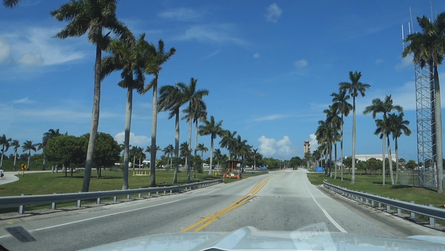 Road lined with tall palm trees leading towards an airport control tower under a blue sky.