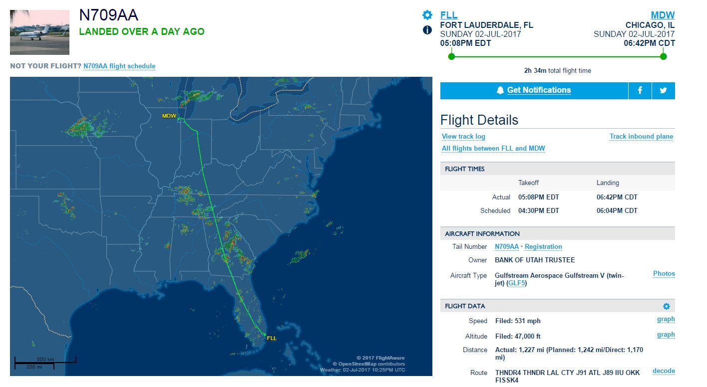 Flight tracking screen displaying a Gulfstream G5 private jet flight from Fort Lauderdale to Chicago with a map and detailed flight information.