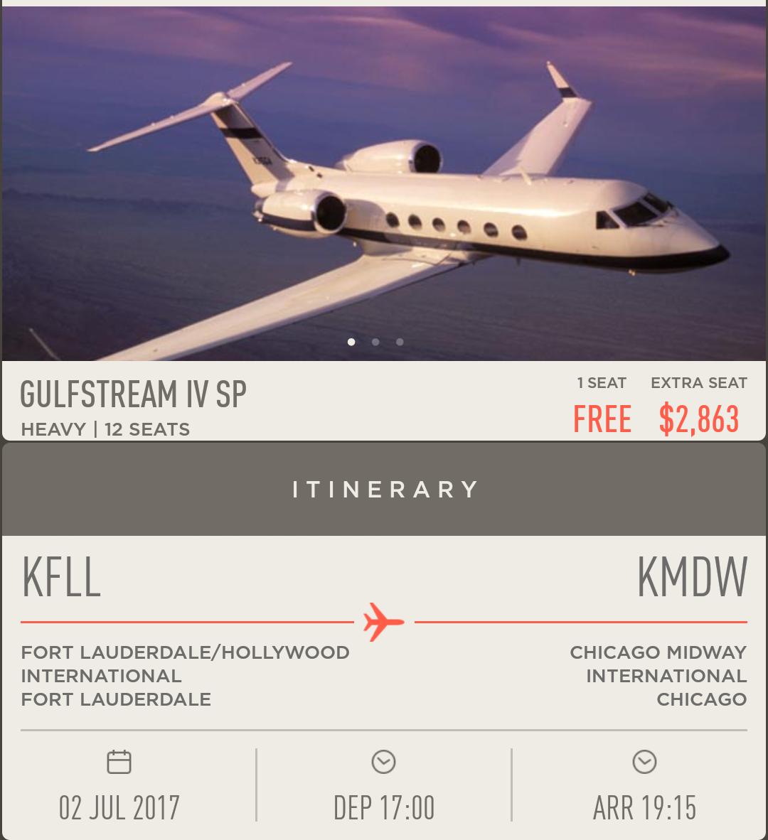 A Gulfstream IV SP private jet flying, with a flight itinerary from Fort Lauderdale to Chicago offering a free seat.