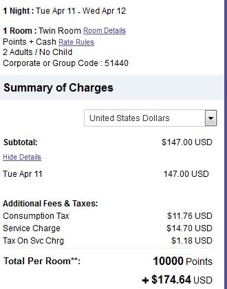 Hotel charges for one night, paid with 10,000 points and $174.64 USD.