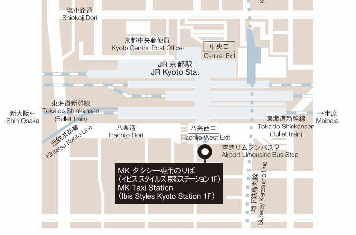 Map of JR Kyoto Station showing train lines, roads, and a marked taxi stand.