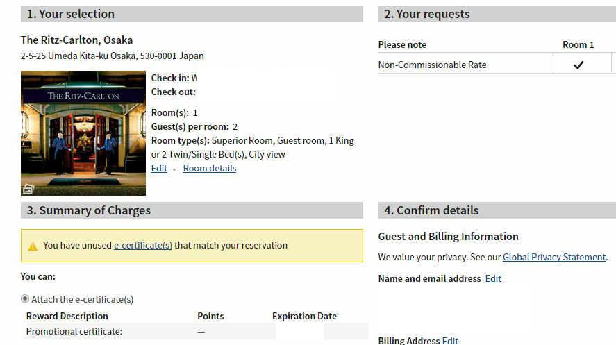 Screenshot of a hotel reservation page for The Ritz-Carlton, Osaka.