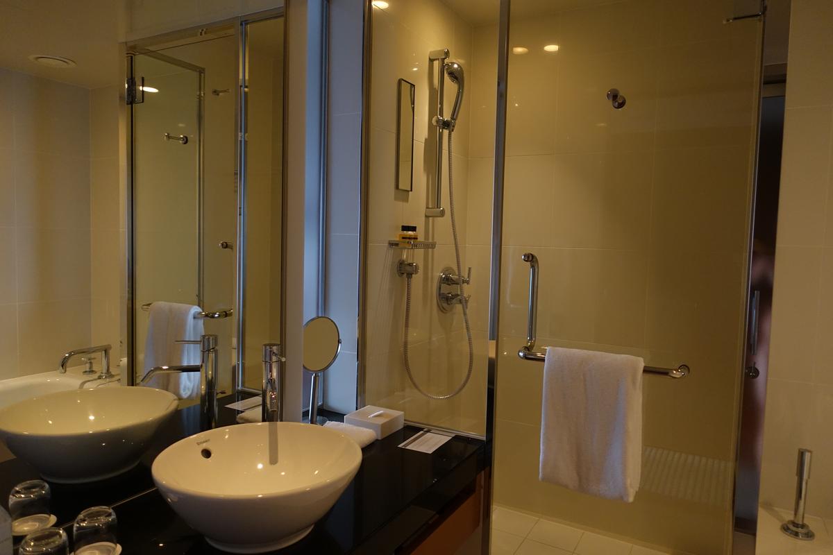 A modern hotel bathroom featuring a double vanity with two vessel sinks and a glass-enclosed shower.