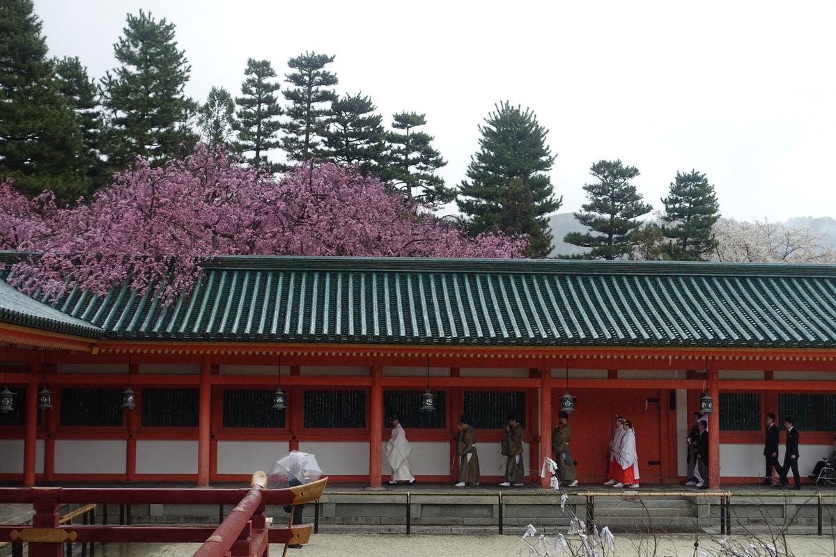 Heian Shrine with pink cherry blossoms and people in traditional attire.