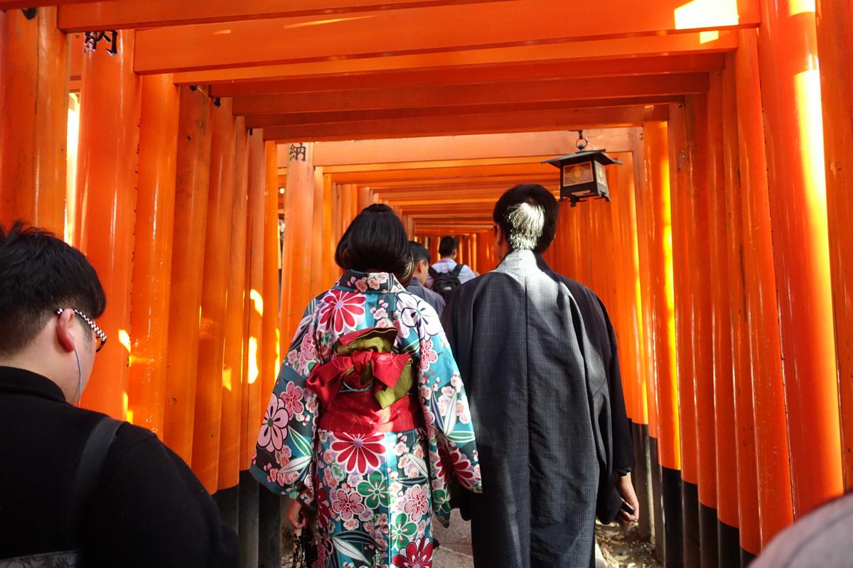 Two people in traditional Japanese attire walk through a vibrant orange tunnel of torii gates at Fushimi Inari Shrine.