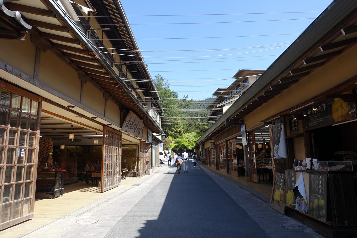 A traditional shopping street on Miyajima Island, lined with wooden shops and people walking.