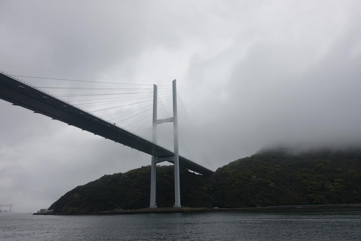 A large cable-stayed bridge extends over water, with its towers and surrounding green hills partially obscured by heavy fog.