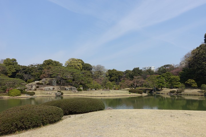 A scenic view of Rikugien Garden with a pond, trees, and a small bridge under a blue sky.