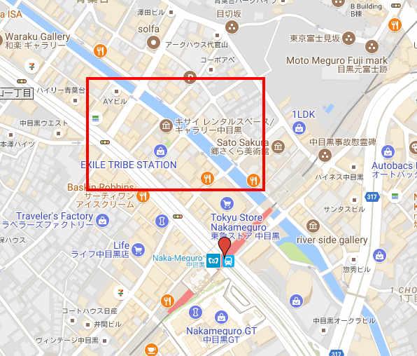 Map showing the Meguro River area in Nakameguro, with a red box highlighting a section.